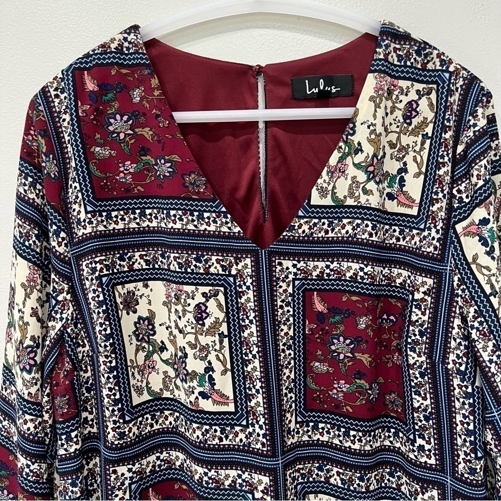 Lulu's Burgundy, Cream & Navy Patchwork Floral Ruffle-Hem Mini Dress - Picture 4 of 12
